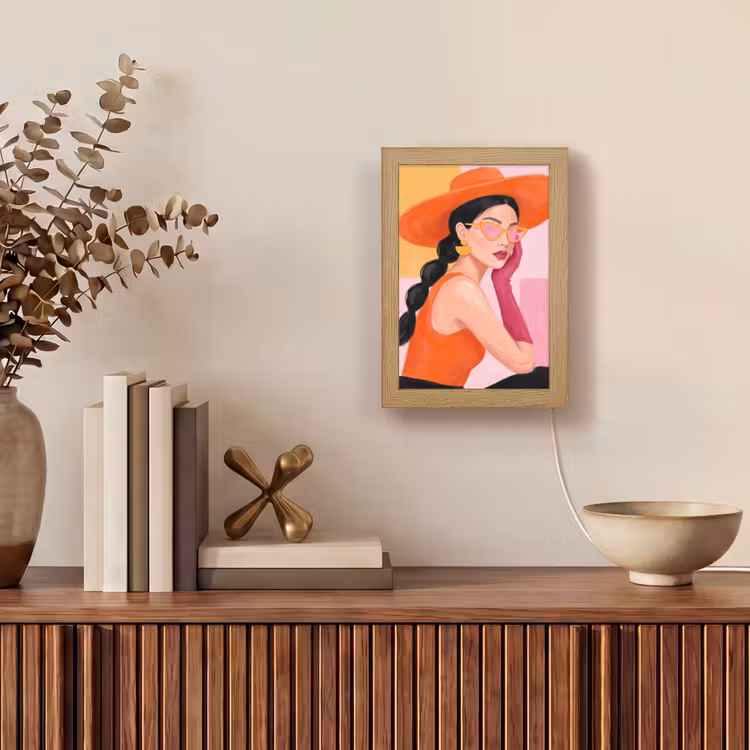 Personalisierte Lightbox - Damen – Hut – Mode – Modern – Orange - Vrouw - Hoed - Mode - Modern - Oranje Light Box met kabel (Tafellamp) klein