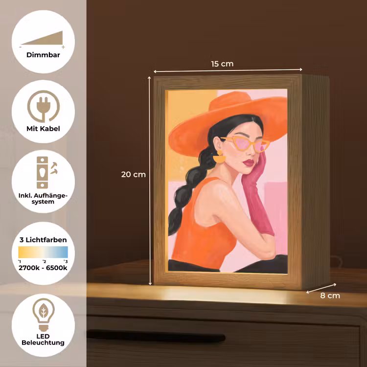 Personalisierte Lightbox - Damen – Hut – Mode – Modern – Orange - Vrouw - Hoed - Mode - Modern - Oranje Light Box met kabel (Tafellamp) klein