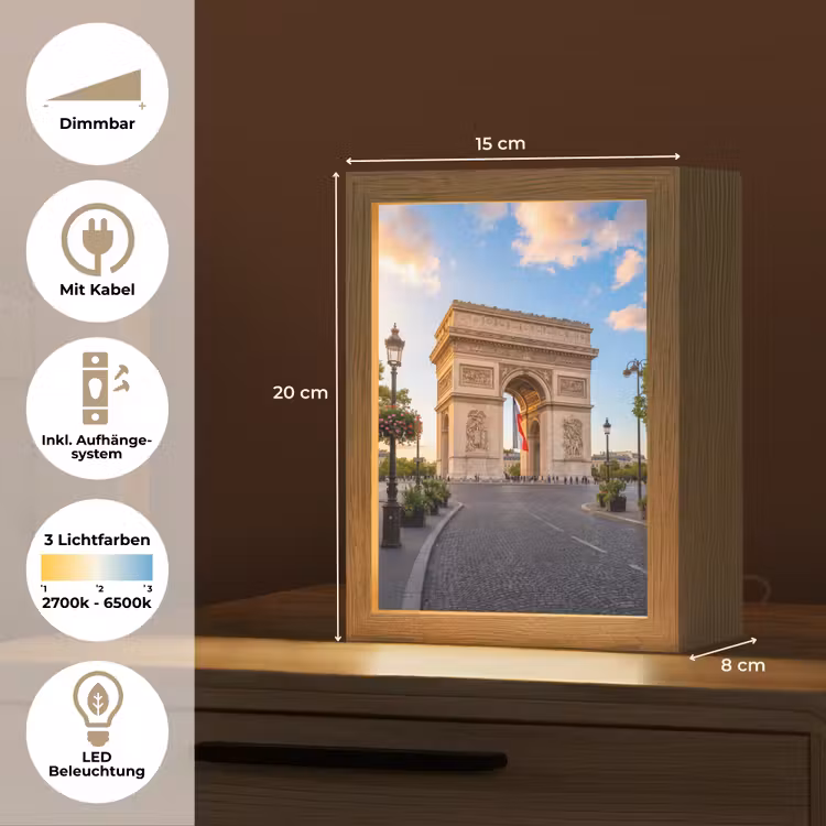 Personalisierte Lightbox - Denkmal – Paris – Sonnenuntergang – Architektur – Gold - Monument - Parijs - Zonsondergang - Architectuur - Goud Light Box met kabel (Tafellamp) klein
