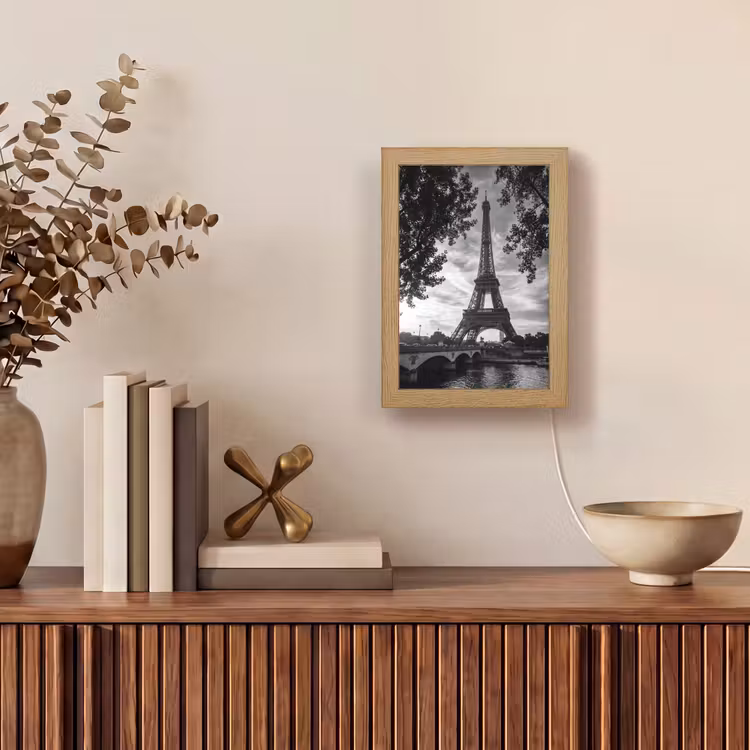 Personalisierte Lightbox - Eiffelturm – Paris – Fluss – Architektur – Schwarz-Weiß - Eiffeltoren - Parijs - Rivier - Architectuur - Zwart-wit Light Box met kabel (Tafellamp) klein