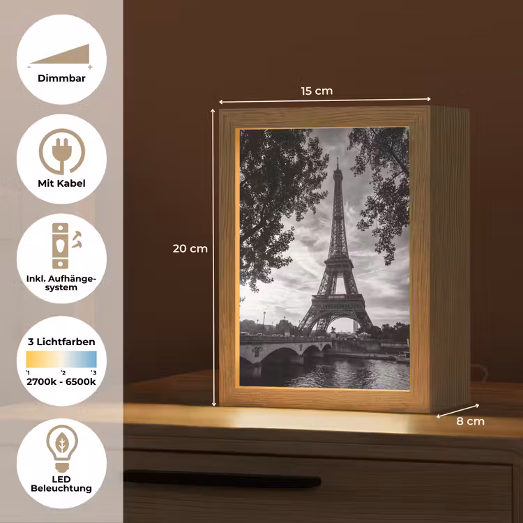Personalisierte Lightbox - Eiffelturm – Paris – Fluss – Architektur – Schwarz-Weiß - Eiffeltoren - Parijs - Rivier - Architectuur - Zwart-wit Light Box met kabel (Tafellamp) klein