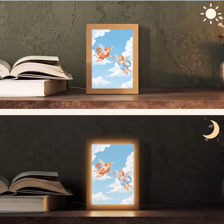 Engel - Vliegend - Klassiek - Blauw Light Box met kabel (Tafellamp) klein -sfeer3