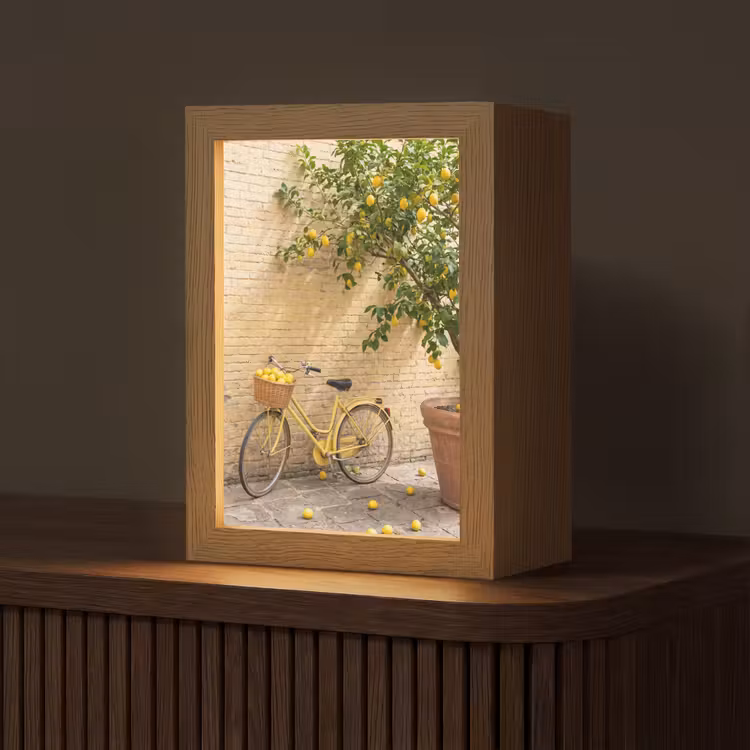 Personalisierte Lightbox - Fahrrad – Korb – Essen – Gelb – Sommer - Fiets - Mand - Eten - Geel - Zomer Light Box met kabel (Tafellamp) klein