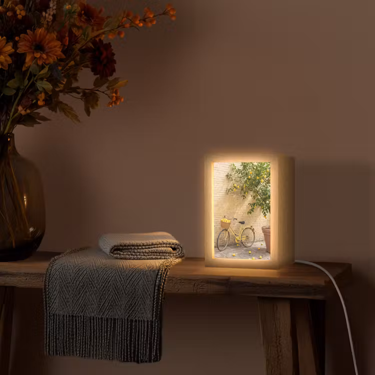 Personalisierte Lightbox - Fahrrad – Korb – Essen – Gelb – Sommer - Fiets - Mand - Eten - Geel - Zomer Light Box met kabel (Tafellamp) klein