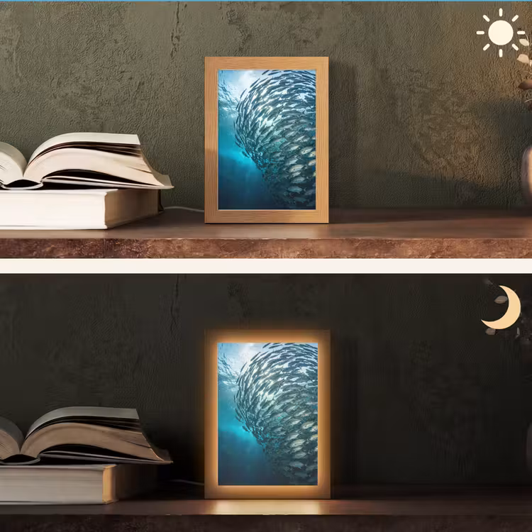 Vis - School - Oceaan - Natuur - Blauw Light Box met kabel (Tafellamp) klein -sfeer3