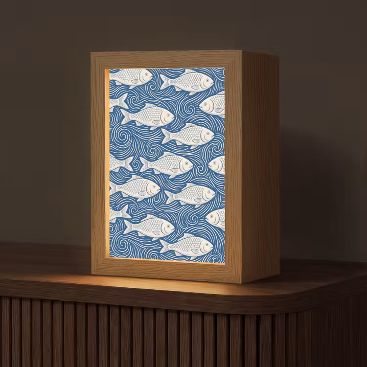 Vis - Water - Patroon - Grafisch - Blauw Light Box met kabel (Tafellamp) klein -z3d_website