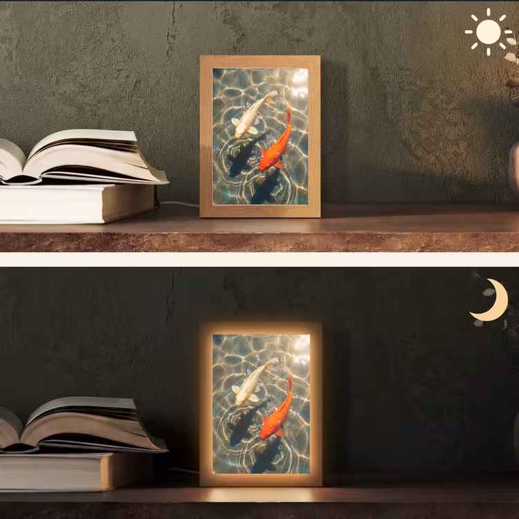 Vis - Water - Dieren - Oranje - Goud Light Box met kabel (Tafellamp) klein -sfeer3