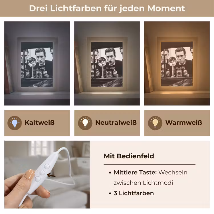 Fotograaf - Camera - Vintage - Journalistiek - Zwart-wit Light Box met kabel (Tafellamp) klein -USP_lichtkleurDE