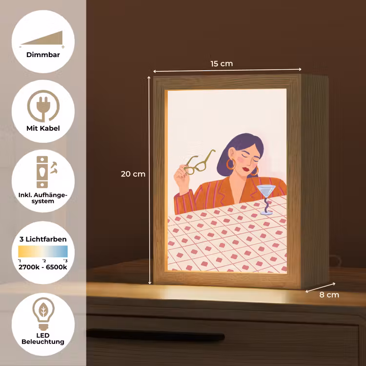 Personalisierte Lightbox - Frau – Brille – Cocktail – Illustration – Modern - Vrouw - Bril - Cocktail - Illustratie - Modern Light Box met kabel (Tafellamp) klein