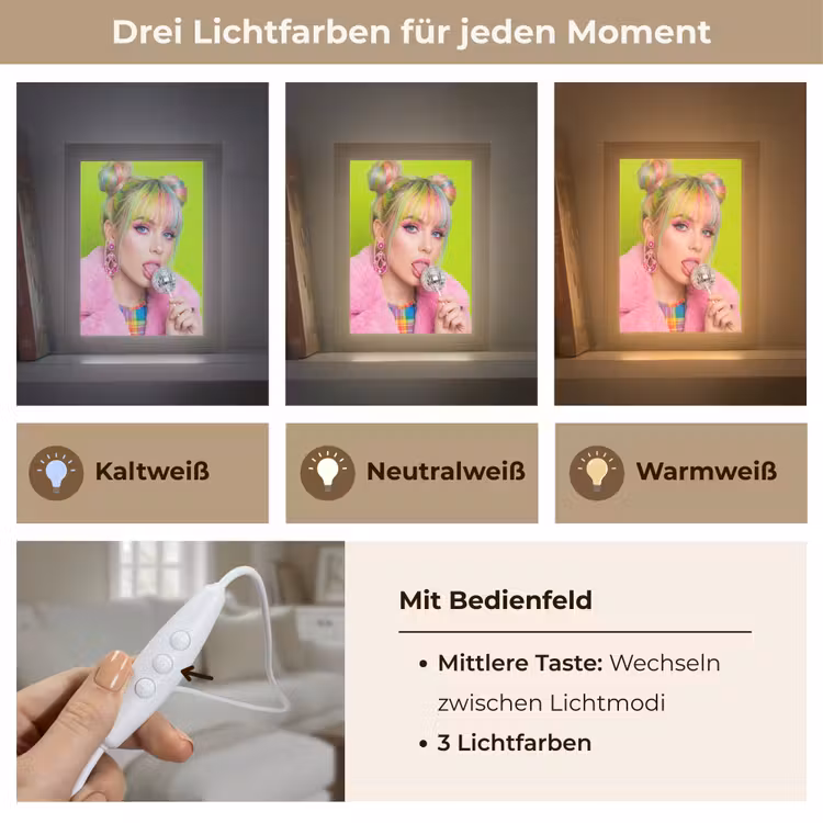 Vrouw - Kleurrijk haar - Pop art - Modern - Levendig Light Box met kabel (Tafellamp) klein -USP_lichtkleurDE