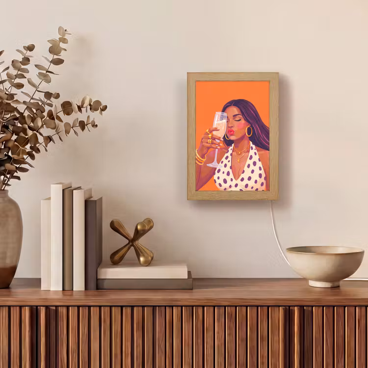 Personalisierte Lightbox - Frau – Champagner – Party – Modern – Orange - Vrouw - Champagne - Feest - Modern - Oranje Light Box met kabel (Tafellamp) klein