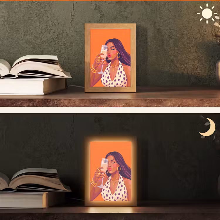 Personalisierte Lightbox - Frau – Champagner – Party – Modern – Orange - Vrouw - Champagne - Feest - Modern - Oranje Light Box met kabel (Tafellamp) klein