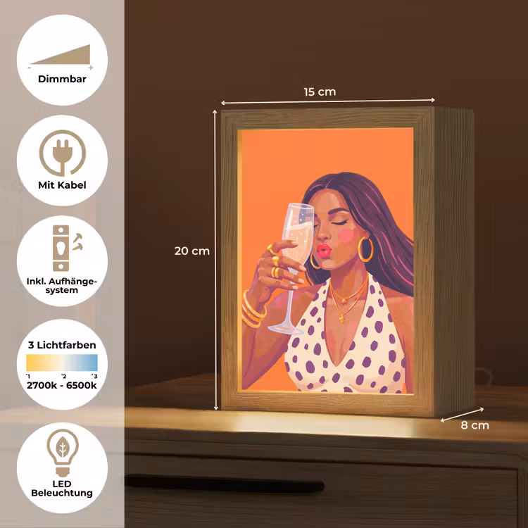 Personalisierte Lightbox - Frau – Champagner – Party – Modern – Orange - Vrouw - Champagne - Feest - Modern - Oranje Light Box met kabel (Tafellamp) klein