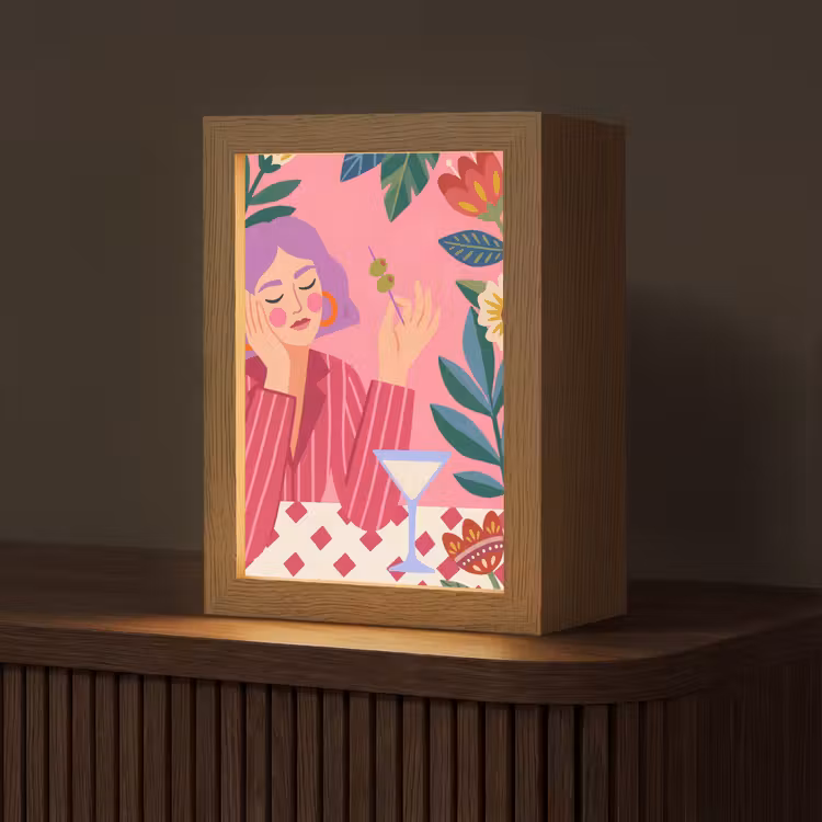 Personalisierte Lightbox - Frau – Cocktail – Blumen – Modern – Rosa - Vrouw - Cocktail - Bloemen - Modern - Roze Light Box met kabel (Tafellamp) klein