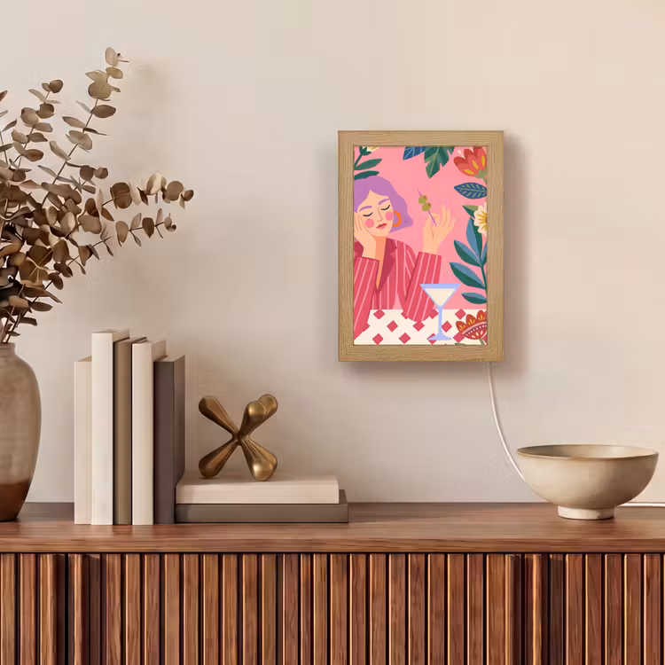 Personalisierte Lightbox - Frau – Cocktail – Blumen – Modern – Rosa - Vrouw - Cocktail - Bloemen - Modern - Roze Light Box met kabel (Tafellamp) klein