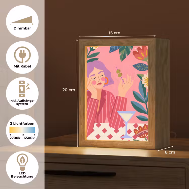Personalisierte Lightbox - Frau – Cocktail – Blumen – Modern – Rosa - Vrouw - Cocktail - Bloemen - Modern - Roze Light Box met kabel (Tafellamp) klein