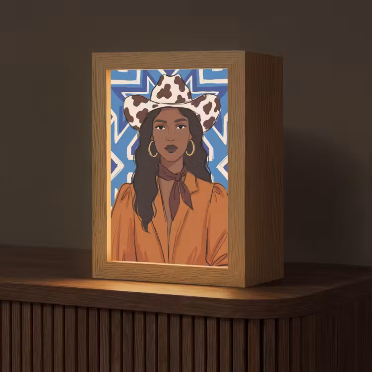 Personalisierte Lightbox - Frau – Cowboyhut – Porträt – Modern – Blau - Vrouw - Cowboyhoed - Portret - Modern - Blauw Light Box met kabel (Tafellamp) klein