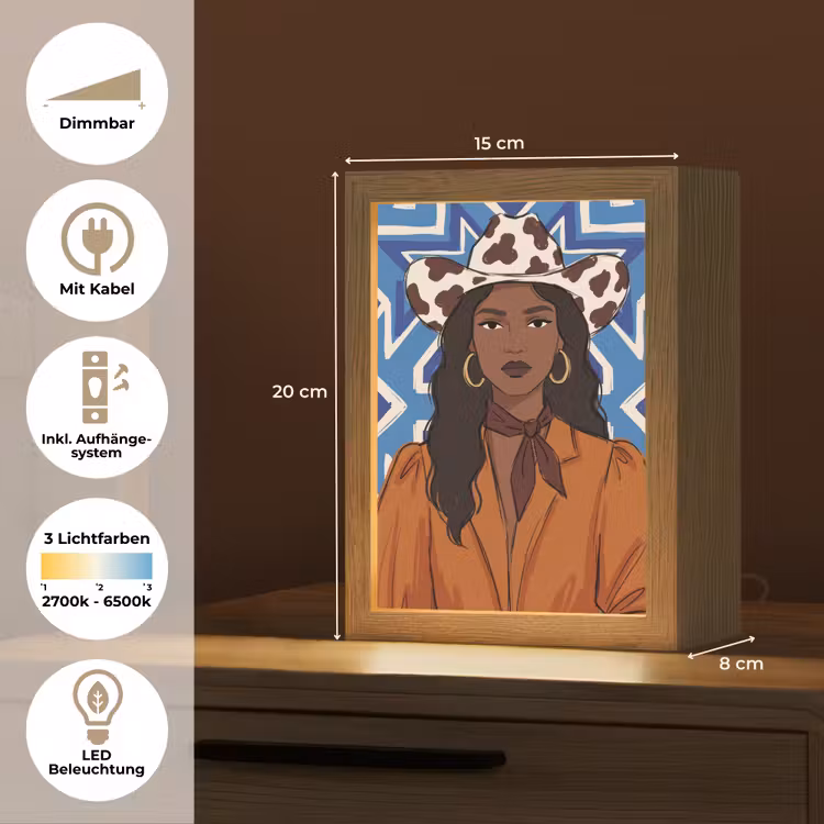 Personalisierte Lightbox - Frau – Cowboyhut – Porträt – Modern – Blau - Vrouw - Cowboyhoed - Portret - Modern - Blauw Light Box met kabel (Tafellamp) klein