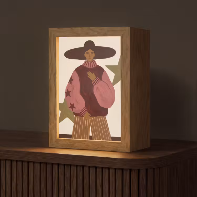 Personalisierte Lightbox - Frau – Hut – Abstrakt – Modern – Porträt - Vrouw - Hoed - Abstract - Modern - Portret Light Box met kabel (Tafellamp) klein