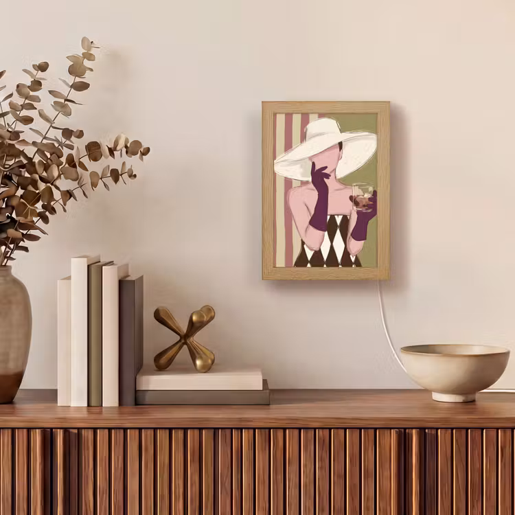 Personalisierte Lightbox - Frau – Hut – Mode – Abstrakt – Bunt - Vrouw - Hoed - Mode - Abstract - Kleurrijk Light Box met kabel (Tafellamp) klein