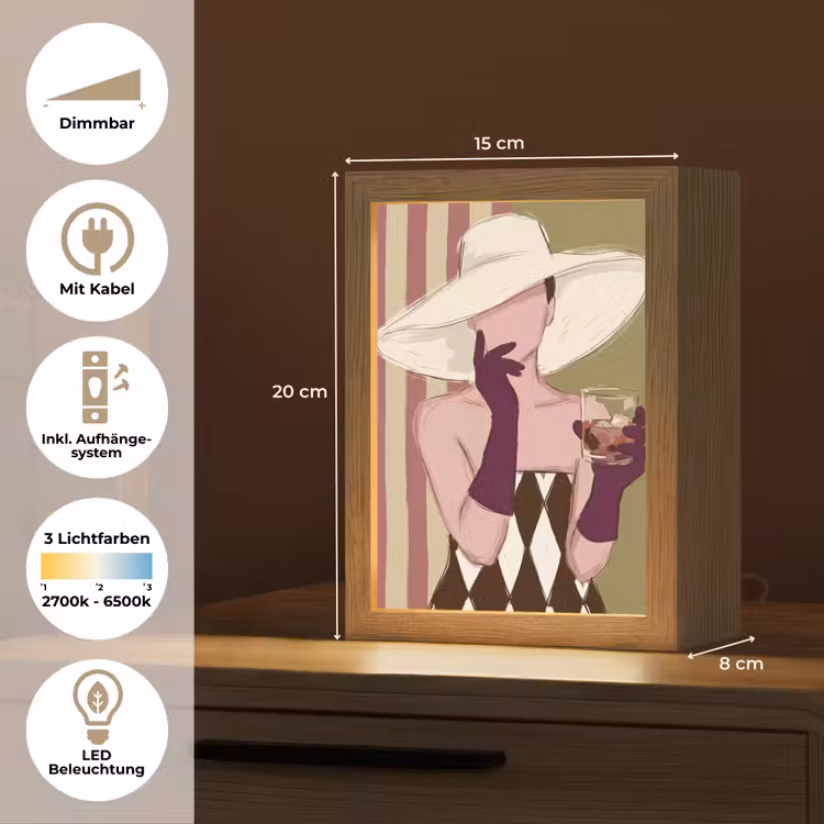 Personalisierte Lightbox - Frau – Hut – Mode – Abstrakt – Bunt - Vrouw - Hoed - Mode - Abstract - Kleurrijk Light Box met kabel (Tafellamp) klein