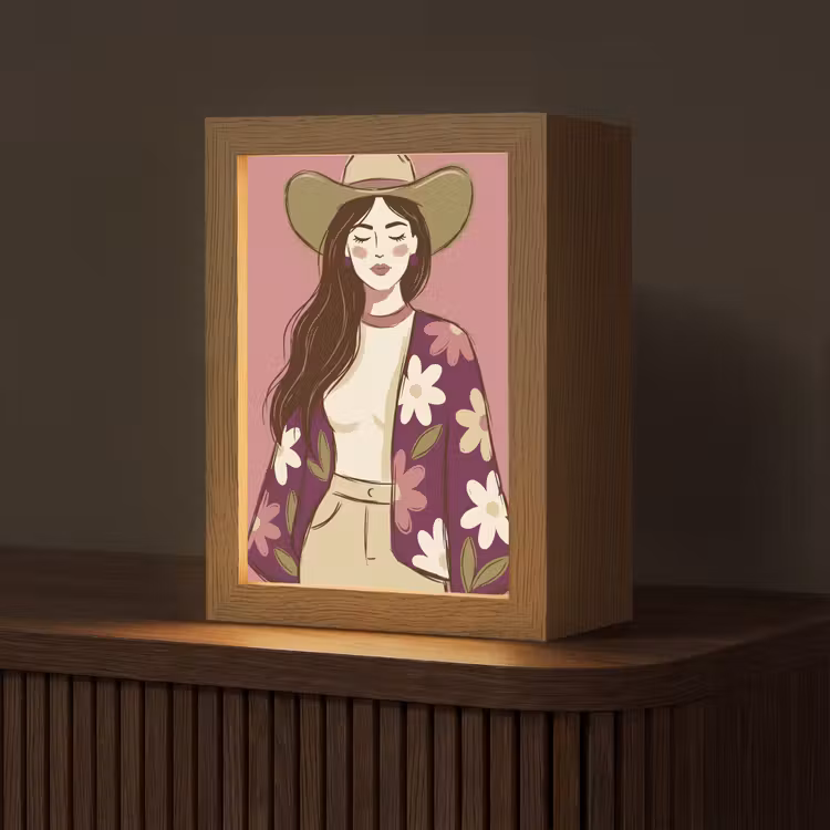 Personalisierte Lightbox - Frau – Hut – Porträt – Illustration – Rosa - Vrouw - Hoed - Portret - Illustratie - Roze Light Box met kabel (Tafellamp) klein