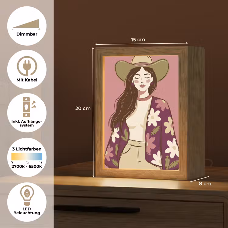 Personalisierte Lightbox - Frau – Hut – Porträt – Illustration – Rosa - Vrouw - Hoed - Portret - Illustratie - Roze Light Box met kabel (Tafellamp) klein