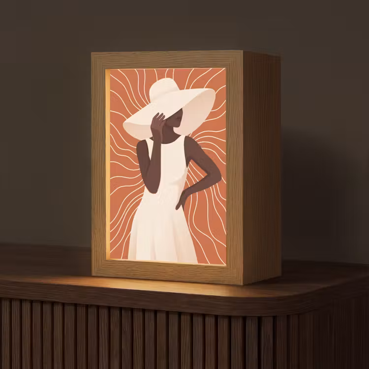 Personalisierte Lightbox - Frau – Hut – Porträt – Modern – Beige - Vrouw - Hoed - Portret - Modern - Beige Light Box met kabel (Tafellamp) klein