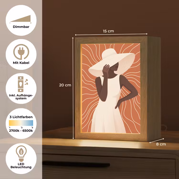 Personalisierte Lightbox - Frau – Hut – Porträt – Modern – Beige - Vrouw - Hoed - Portret - Modern - Beige Light Box met kabel (Tafellamp) klein