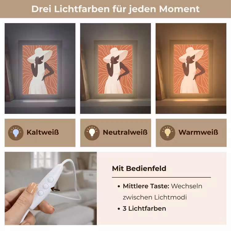 Personalisierte Lightbox - Frau – Hut – Porträt – Modern – Beige - Vrouw - Hoed - Portret - Modern - Beige Light Box met kabel (Tafellamp) klein