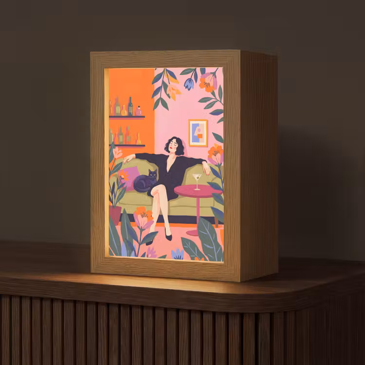 Personalisierte Lightbox - Frau – Katze – Inneneinrichtung – Modern – Farbenfroh - Vrouw - Kat - Interieur - Modern - Kleurrijk Light Box met kabel (Tafellamp) klein