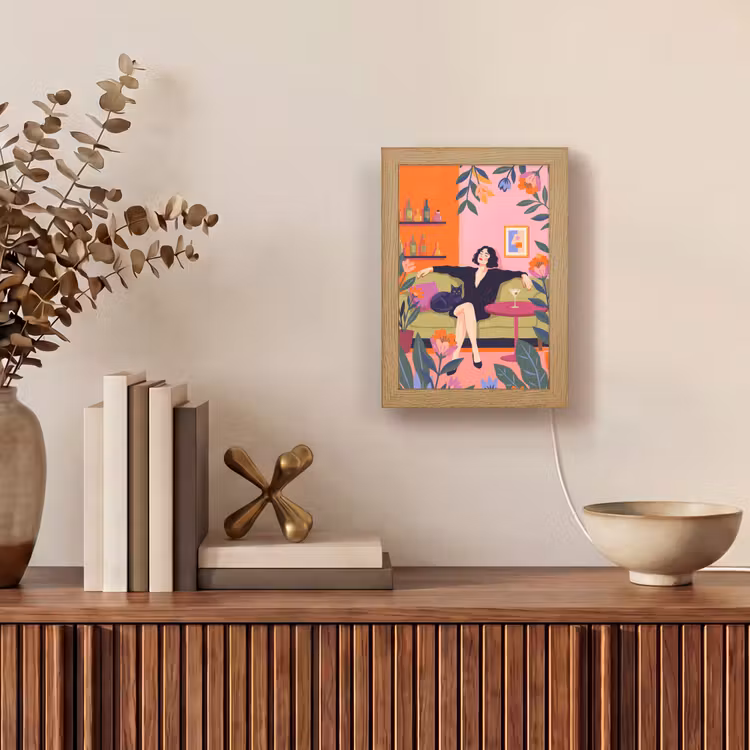 Personalisierte Lightbox - Frau – Katze – Inneneinrichtung – Modern – Farbenfroh - Vrouw - Kat - Interieur - Modern - Kleurrijk Light Box met kabel (Tafellamp) klein