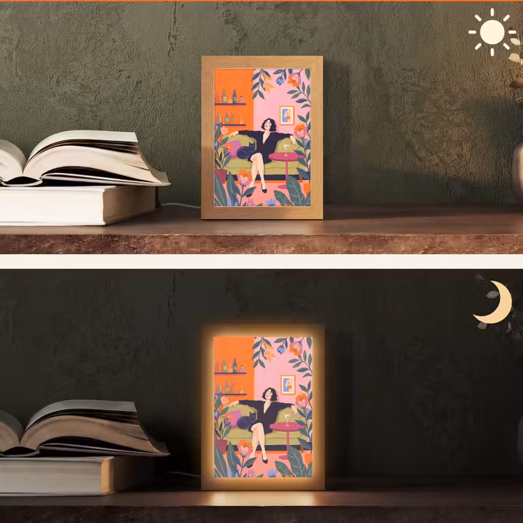 Personalisierte Lightbox - Frau – Katze – Inneneinrichtung – Modern – Farbenfroh - Vrouw - Kat - Interieur - Modern - Kleurrijk Light Box met kabel (Tafellamp) klein