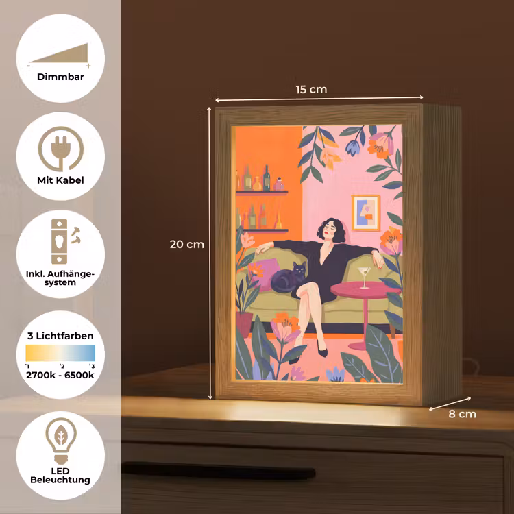 Personalisierte Lightbox - Frau – Katze – Inneneinrichtung – Modern – Farbenfroh - Vrouw - Kat - Interieur - Modern - Kleurrijk Light Box met kabel (Tafellamp) klein