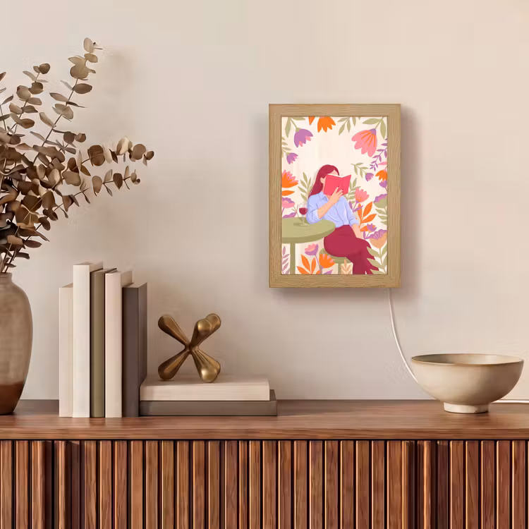 Personalisierte Lightbox - Frau – Lesen – Zuhause – Modern – Blumen - Vrouw - Lezen - Thuis - Modern - Bloemen Light Box met kabel (Tafellamp) klein
