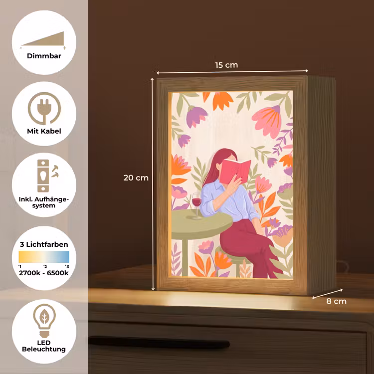 Personalisierte Lightbox - Frau – Lesen – Zuhause – Modern – Blumen - Vrouw - Lezen - Thuis - Modern - Bloemen Light Box met kabel (Tafellamp) klein
