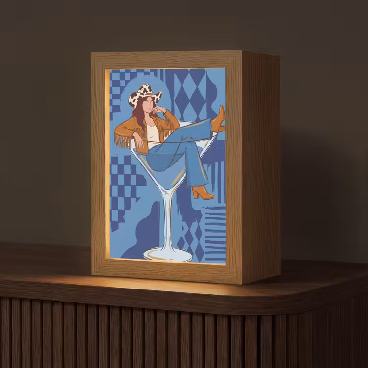 Personalisierte Lightbox - Frau – Martini-Glas – Abstrakt – Blau – Kunst - Vrouw - Martini glas - Abstract - Blauw - Kunst Light Box met kabel (Tafellamp) klein