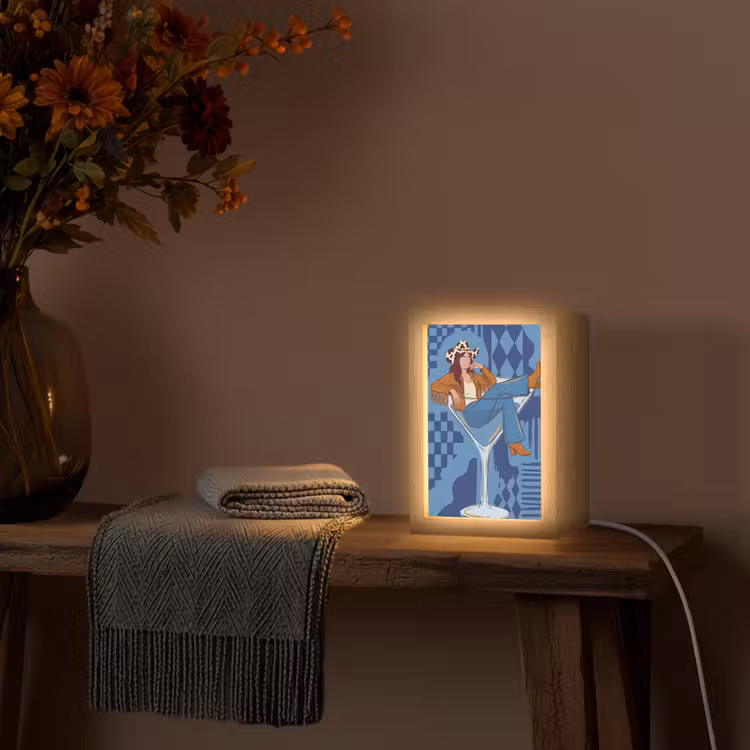 Personalisierte Lightbox - Frau – Martini-Glas – Abstrakt – Blau – Kunst - Vrouw - Martini glas - Abstract - Blauw - Kunst Light Box met kabel (Tafellamp) klein