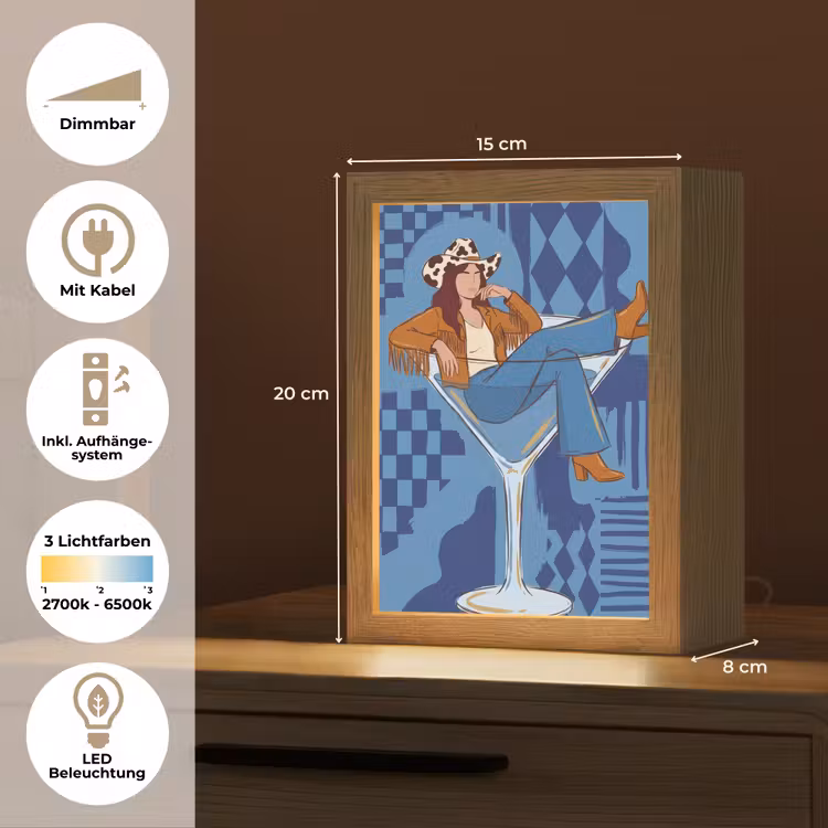 Personalisierte Lightbox - Frau – Martini-Glas – Abstrakt – Blau – Kunst - Vrouw - Martini glas - Abstract - Blauw - Kunst Light Box met kabel (Tafellamp) klein