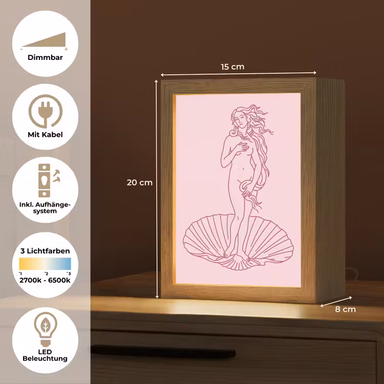Personalisierte Lightbox - Frau – Muschel – Kunst – Strichzeichnung – Rosa - Vrouw - Schelp - Kunst - Lijntekening - Roze Light Box met kabel (Tafellamp) klein