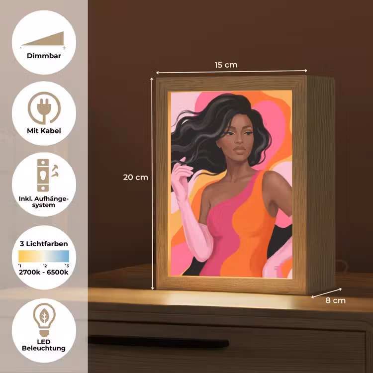 Personalisierte Lightbox - Frau – Porträt – Farbenfroh – Modern – Kunst - Vrouw - Portret - Kleurrijk - Modern - Kunst Light Box met kabel (Tafellamp) klein