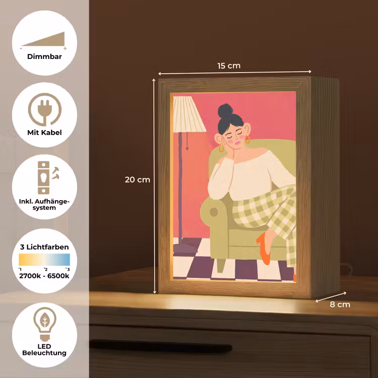 Personalisierte Lightbox - Frau – Ruhe – Innenraum – Modern – Kunst - Vrouw - Rust - Interieur - Modern - Kunst Light Box met kabel (Tafellamp) klein