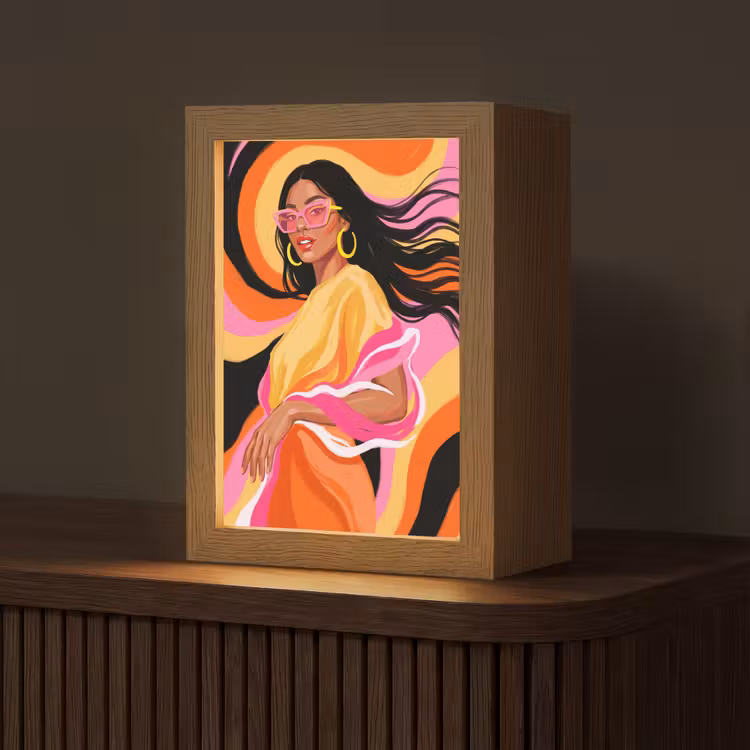 Personalisierte Lightbox - Frau – Sonnenbrille – Abstrakt – Bunt - Vrouw - Zonnebril - Abstract - Kleurrijk Light Box met kabel (Tafellamp) klein