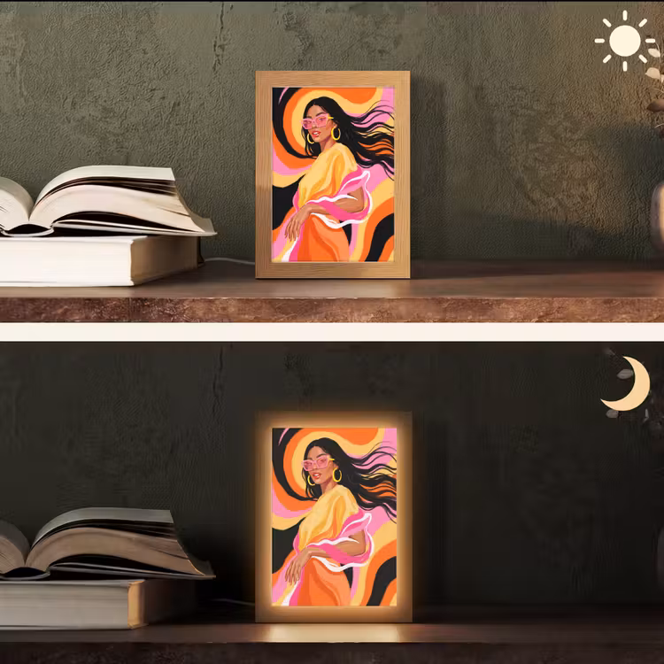 Personalisierte Lightbox - Frau – Sonnenbrille – Abstrakt – Bunt - Vrouw - Zonnebril - Abstract - Kleurrijk Light Box met kabel (Tafellamp) klein