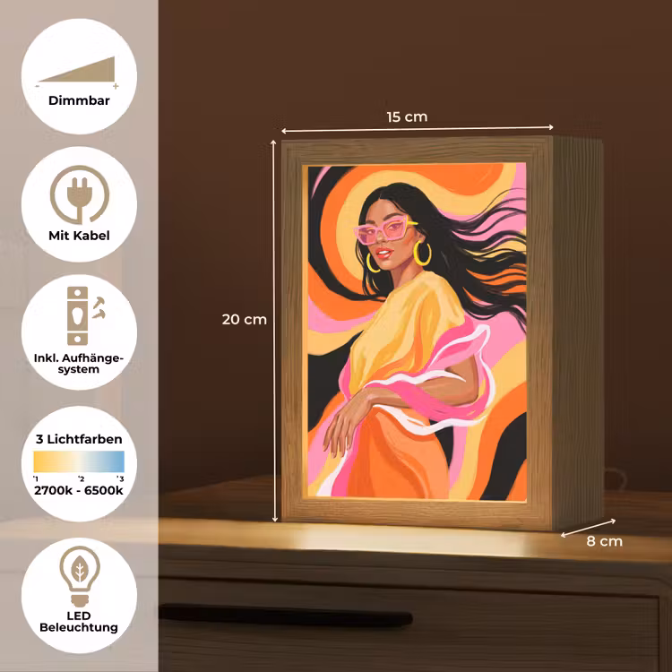 Personalisierte Lightbox - Frau – Sonnenbrille – Abstrakt – Bunt - Vrouw - Zonnebril - Abstract - Kleurrijk Light Box met kabel (Tafellamp) klein