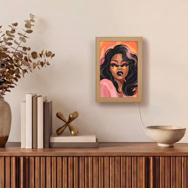 Personalisierte Lightbox - Frau – Sonnenbrille – Modern – Porträt – Orange - Vrouw - Zonnebril - Modern - Portret - Oranje Light Box met kabel (Tafellamp) klein