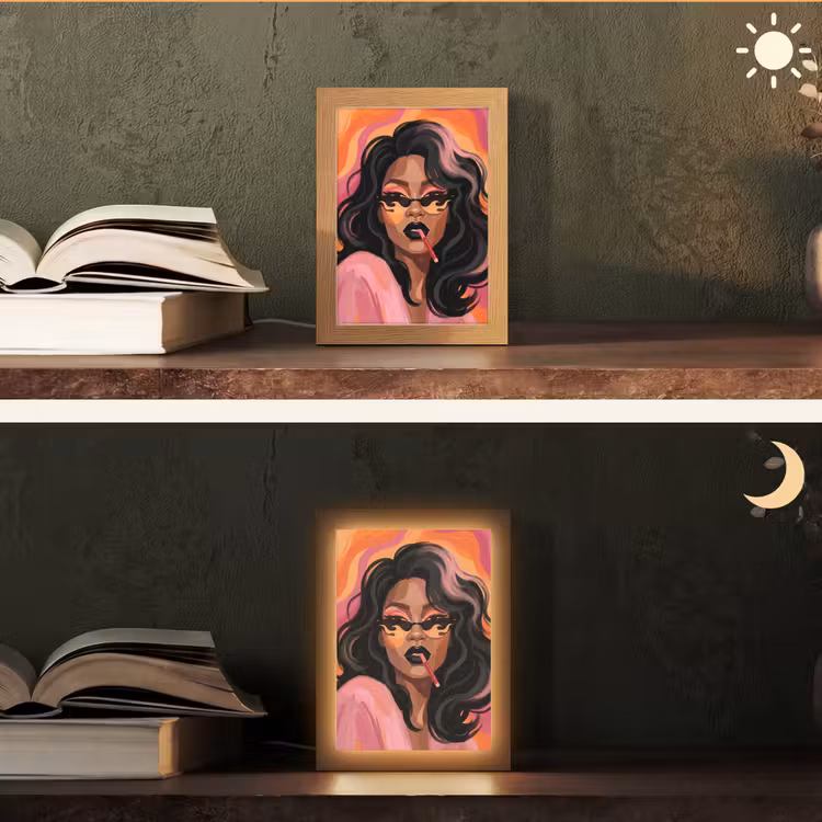 Personalisierte Lightbox - Frau – Sonnenbrille – Modern – Porträt – Orange - Vrouw - Zonnebril - Modern - Portret - Oranje Light Box met kabel (Tafellamp) klein