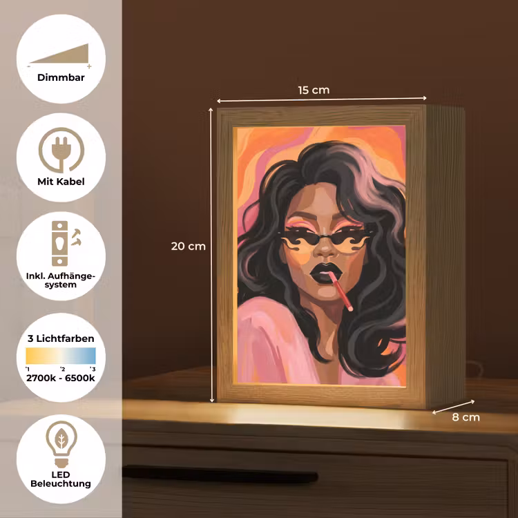 Personalisierte Lightbox - Frau – Sonnenbrille – Modern – Porträt – Orange - Vrouw - Zonnebril - Modern - Portret - Oranje Light Box met kabel (Tafellamp) klein