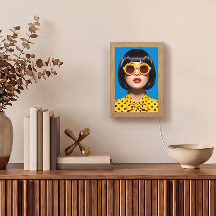 Vrouw - Zonnebril - Pop Art - Portret - Geel Light Box met kabel (Tafellamp) klein -sfeer2