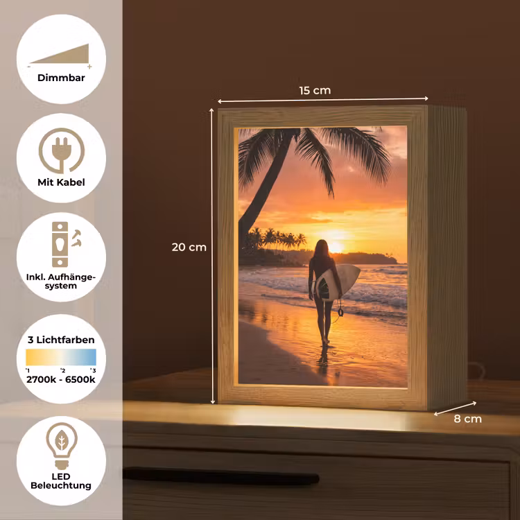 Personalisierte Lightbox - Frau – Surfbrett – Strand – Sonnenuntergang – Orange - Vrouw - Surfplank - Strand - Zonsondergang - Oranje Light Box met kabel (Tafellamp) klein